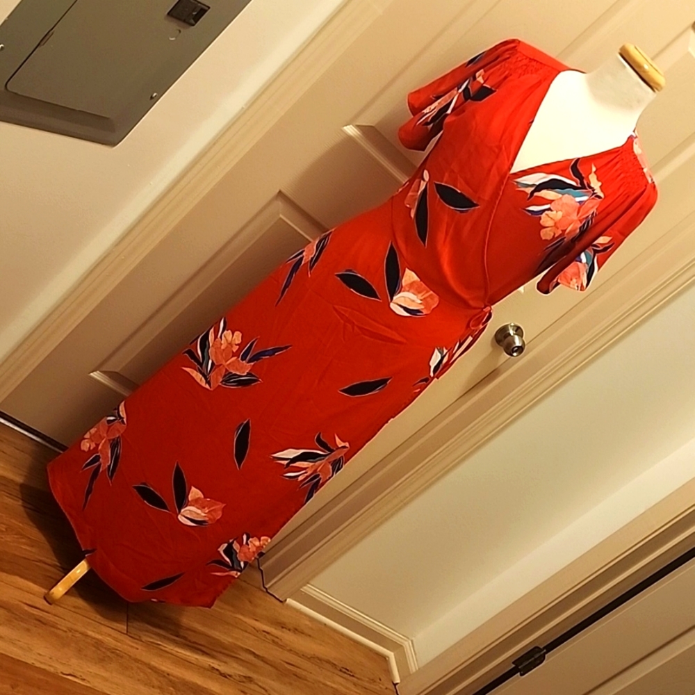 A New Day Red Floral Wrap Dress, Maxi, Size Medium, HAS POCKETS